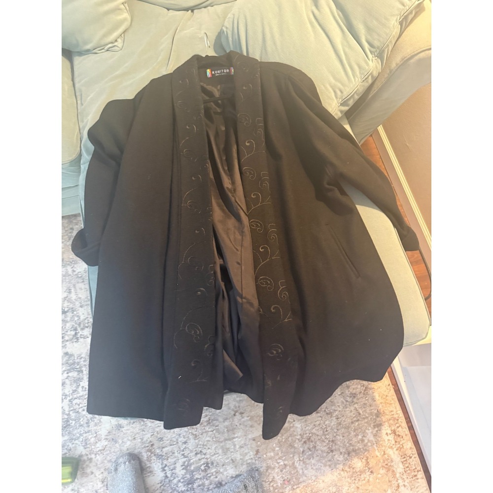 Komitor Womens Black Wool Coat Embroidered Lapel Open Front Vintage USA - Picture 3 of 7